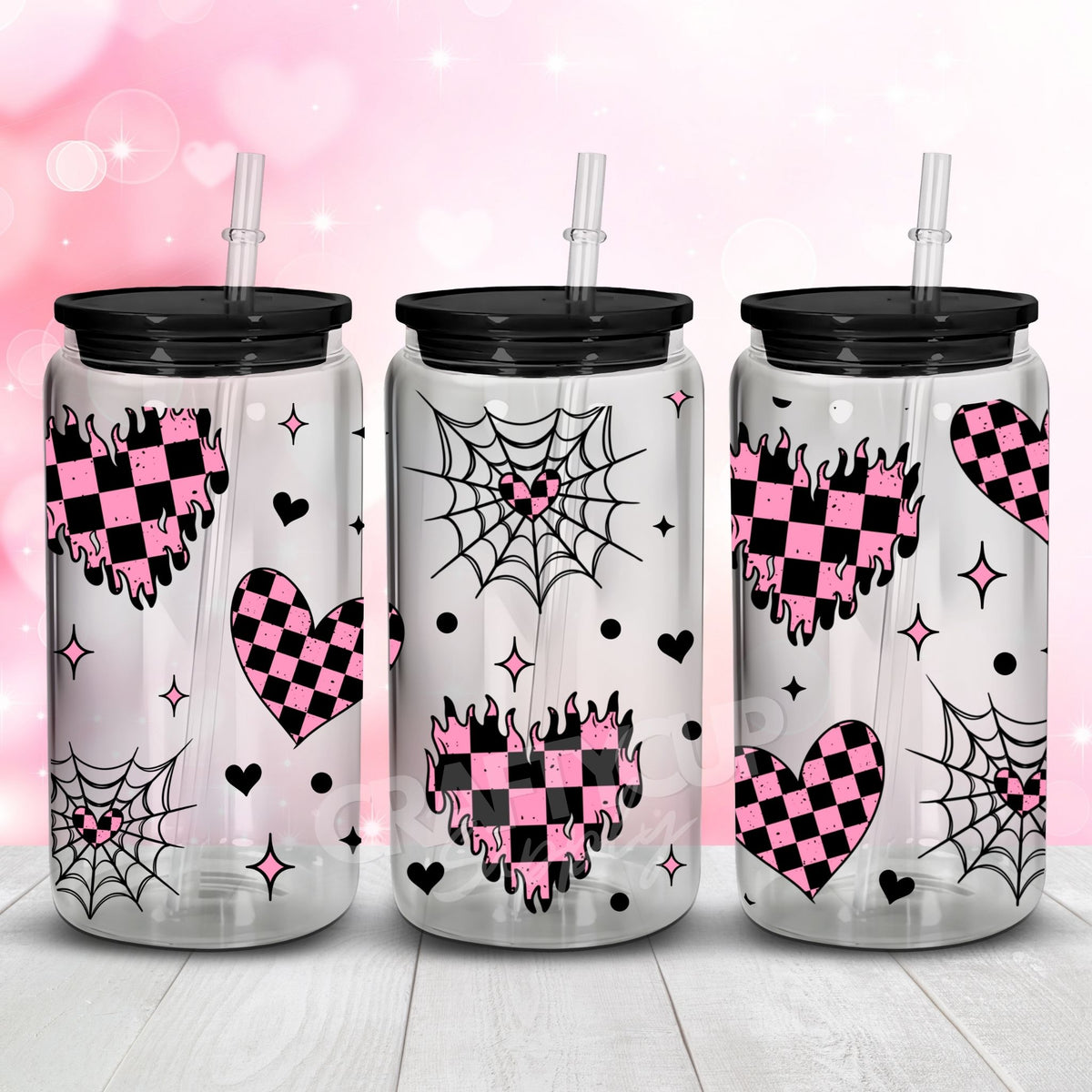 Chequered Hearts - Pink & Black | UV DTF Wrap