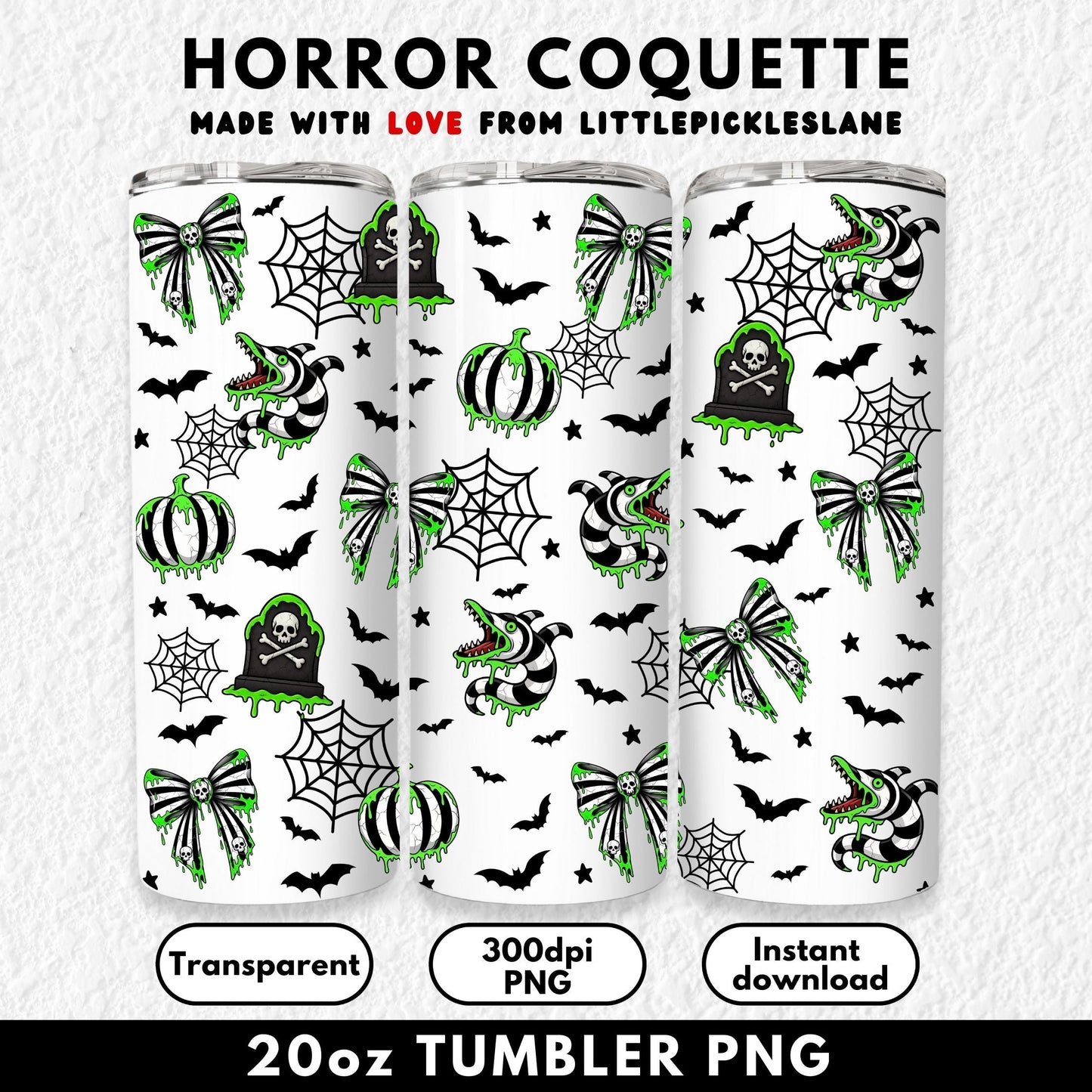 20oz sublimation tumbler wrap digital download featuring a Beetlejuice-inspired spooky design with striped snakes, skull bows, slime-dripping pumpkins, and gothic tombstones. Perfect for Halloween sublimation crafting, this seamless high-resolution PNG wrap fits straight skinny tumblers. Ideal for DIY crafters, small businesses, or horror lovers creating unique Halloween drinkware. Instant digital file for sublimation printers, reusable and easy to resize