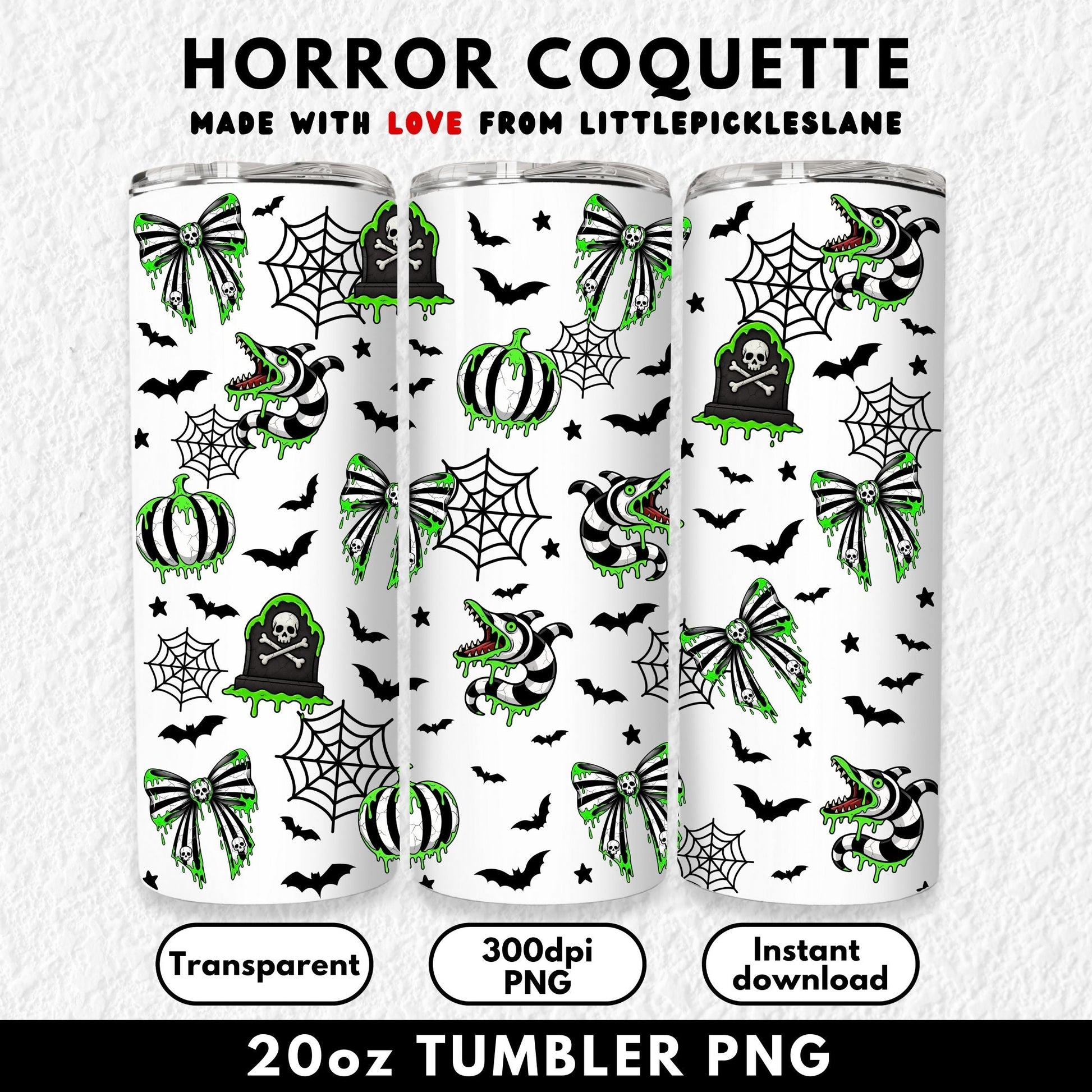 20oz sublimation tumbler wrap digital download featuring a Beetlejuice-inspired spooky design with striped snakes, skull bows, slime-dripping pumpkins, and gothic tombstones. Perfect for Halloween sublimation crafting, this seamless high-resolution PNG wrap fits straight skinny tumblers. Ideal for DIY crafters, small businesses, or horror lovers creating unique Halloween drinkware. Instant digital file for sublimation printers, reusable and easy to resize