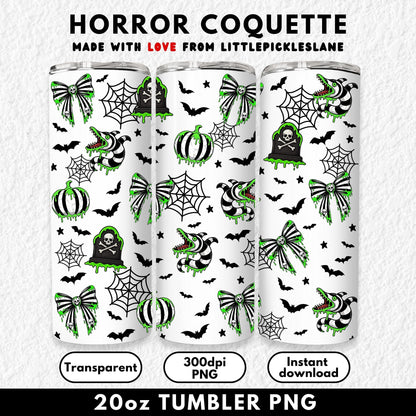 20oz sublimation tumbler wrap digital download featuring a Beetlejuice-inspired spooky design with striped snakes, skull bows, slime-dripping pumpkins, and gothic tombstones. Perfect for Halloween sublimation crafting, this seamless high-resolution PNG wrap fits straight skinny tumblers. Ideal for DIY crafters, small businesses, or horror lovers creating unique Halloween drinkware. Instant digital file for sublimation printers, reusable and easy to resize