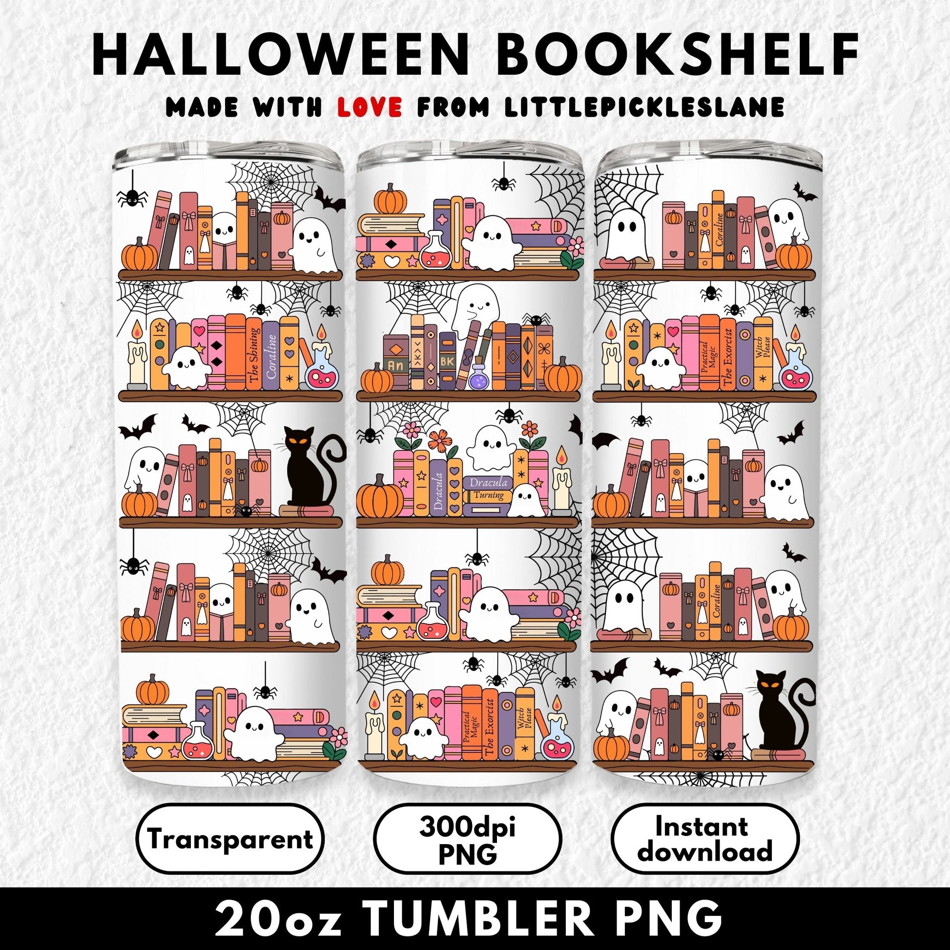 "Digital download 20oz sublimation tumbler wrap featuring a spooky cute bookshelf design with ghosts, pumpkins, black cats, potions, candles, and classic horror books. This seamless high-resolution PNG file is perfect for crafting Halloween drinkware, creating unique skinny tumblers, or selling handmade sublimation cups. Designed for 20oz straight tumblers, easy to resize, and ideal for DIY crafters, small shops, or Halloween lovers."