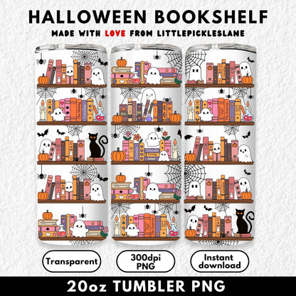"Digital download 20oz sublimation tumbler wrap featuring a spooky cute bookshelf design with ghosts, pumpkins, black cats, potions, candles, and classic horror books. This seamless high-resolution PNG file is perfect for crafting Halloween drinkware, creating unique skinny tumblers, or selling handmade sublimation cups. Designed for 20oz straight tumblers, easy to resize, and ideal for DIY crafters, small shops, or Halloween lovers."