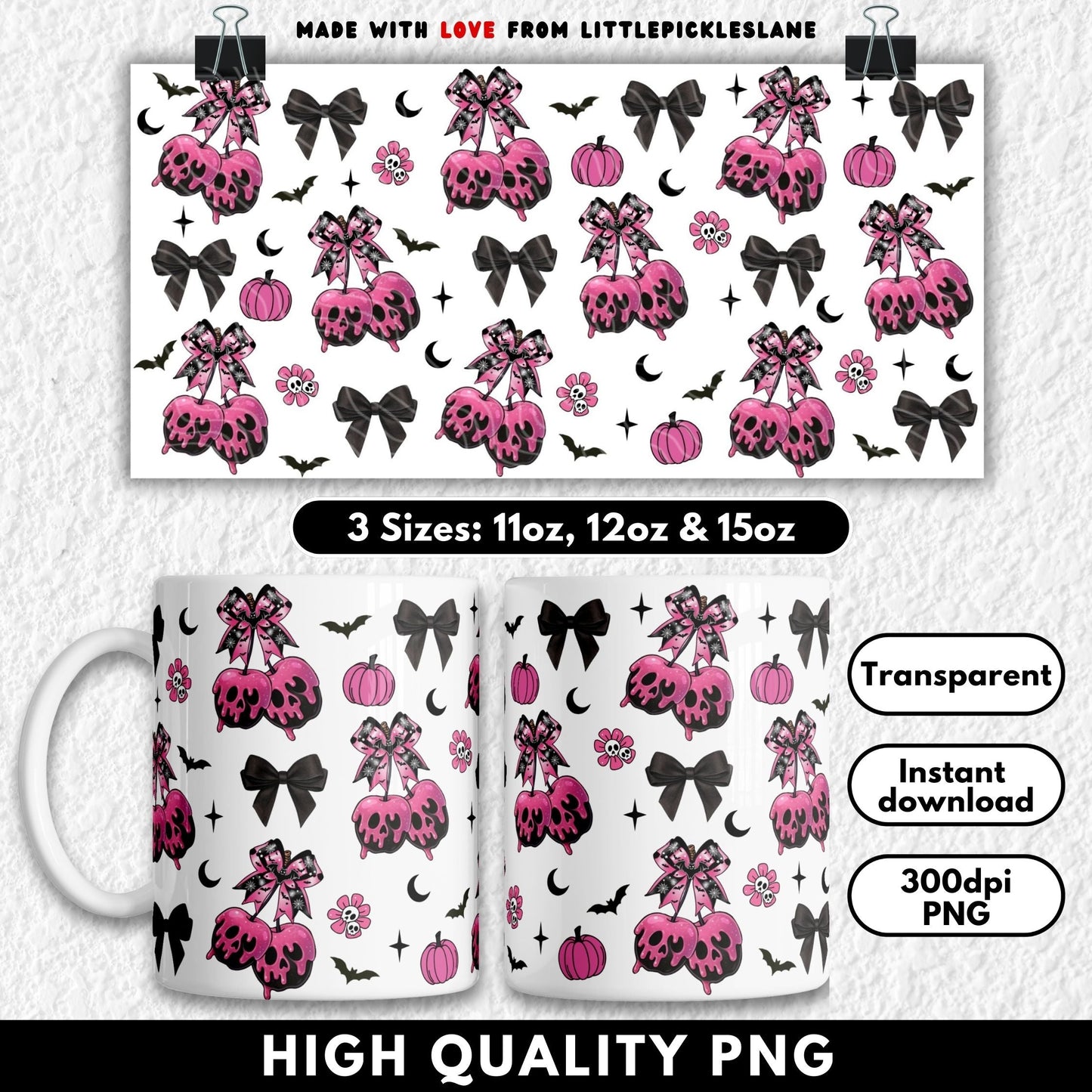 This spooky cute sublimation mug design features pink candy apples dripping with skull-shaped icing, topped with gothic bows and surrounded by pumpkins, bats, flowers, and dark Halloween accents. Sized for 11oz, 12oz, and 15oz mugs, this high-resolution PNG is perfect for sublimation crafting. A fun and trendy kawaii-goth design that blends spooky Halloween vibes with girly pink charm—ideal for coffee mugs, gifts, and seasonal drinkware.