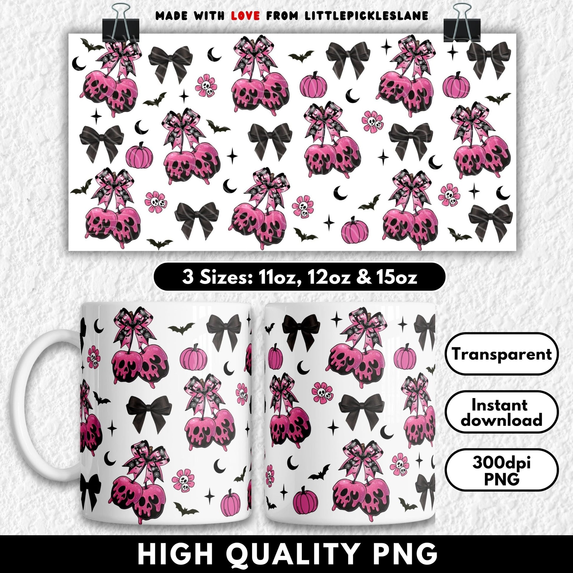 This spooky cute sublimation mug design features pink candy apples dripping with skull-shaped icing, topped with gothic bows and surrounded by pumpkins, bats, flowers, and dark Halloween accents. Sized for 11oz, 12oz, and 15oz mugs, this high-resolution PNG is perfect for sublimation crafting. A fun and trendy kawaii-goth design that blends spooky Halloween vibes with girly pink charm—ideal for coffee mugs, gifts, and seasonal drinkware.