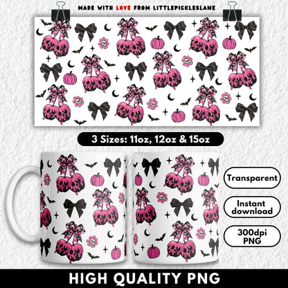 This spooky cute sublimation mug design features pink candy apples dripping with skull-shaped icing, topped with gothic bows and surrounded by pumpkins, bats, flowers, and dark Halloween accents. Sized for 11oz, 12oz, and 15oz mugs, this high-resolution PNG is perfect for sublimation crafting. A fun and trendy kawaii-goth design that blends spooky Halloween vibes with girly pink charm—ideal for coffee mugs, gifts, and seasonal drinkware.