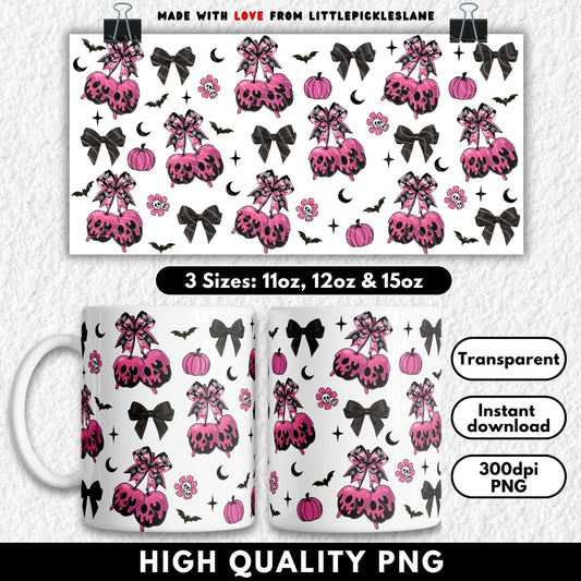 This spooky cute sublimation mug design features pink candy apples dripping with skull-shaped icing, topped with gothic bows and surrounded by pumpkins, bats, flowers, and dark Halloween accents. Sized for 11oz, 12oz, and 15oz mugs, this high-resolution PNG is perfect for sublimation crafting. A fun and trendy kawaii-goth design that blends spooky Halloween vibes with girly pink charm—ideal for coffee mugs, gifts, and seasonal drinkware.