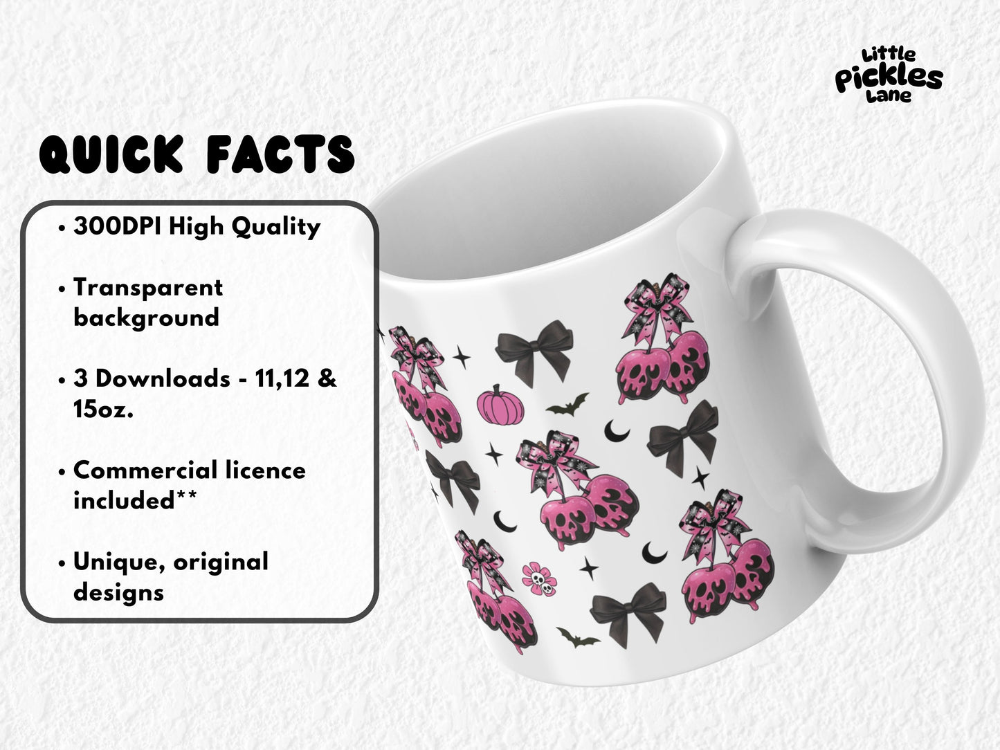 This spooky cute sublimation mug design features pink candy apples dripping with skull-shaped icing, topped with gothic bows and surrounded by pumpkins, bats, flowers, and dark Halloween accents. Sized for 11oz, 12oz, and 15oz mugs, this high-resolution PNG is perfect for sublimation crafting. A fun and trendy kawaii-goth design that blends spooky Halloween vibes with girly pink charm—ideal for coffee mugs, gifts, and seasonal drinkware.