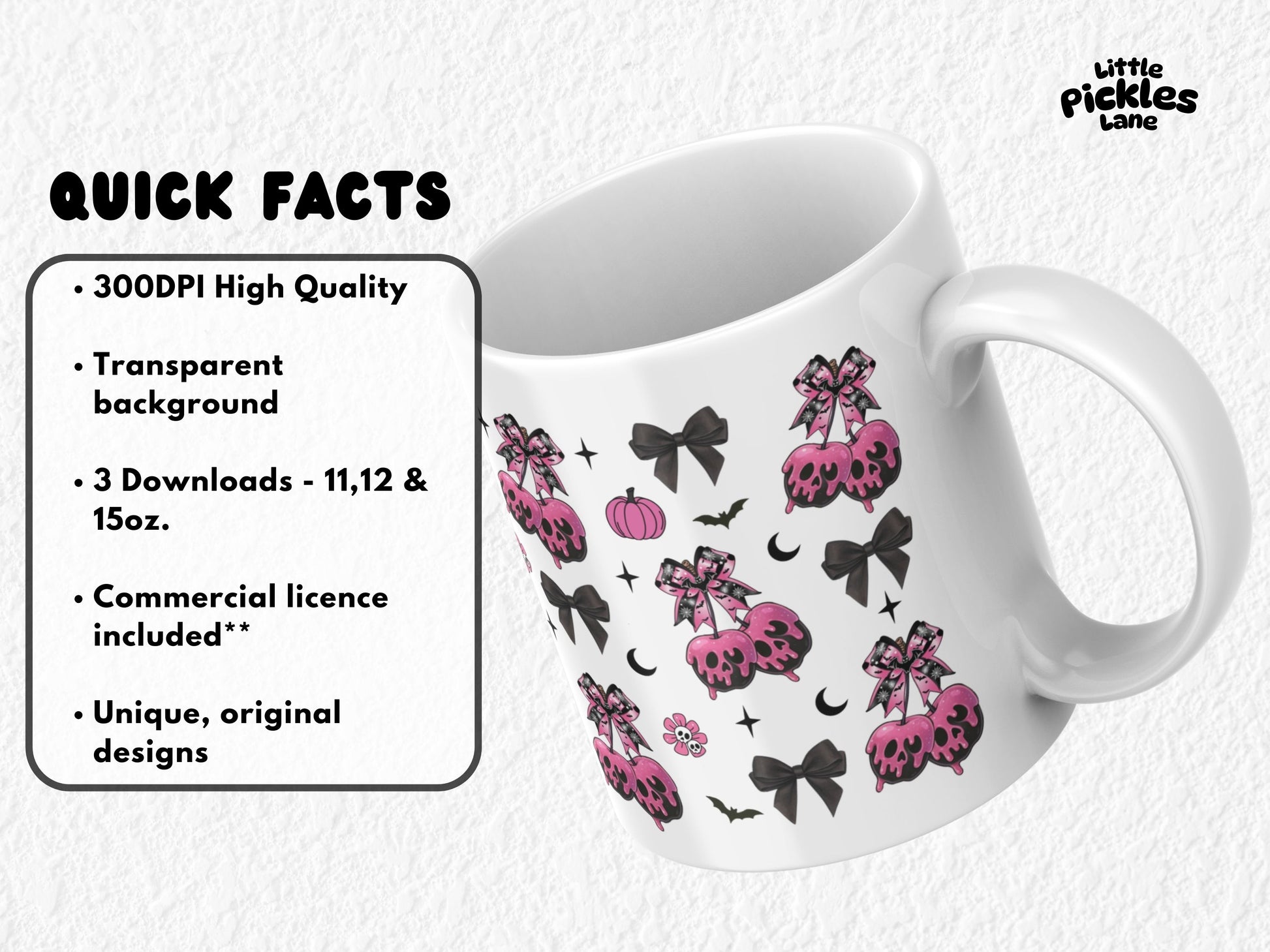 This spooky cute sublimation mug design features pink candy apples dripping with skull-shaped icing, topped with gothic bows and surrounded by pumpkins, bats, flowers, and dark Halloween accents. Sized for 11oz, 12oz, and 15oz mugs, this high-resolution PNG is perfect for sublimation crafting. A fun and trendy kawaii-goth design that blends spooky Halloween vibes with girly pink charm—ideal for coffee mugs, gifts, and seasonal drinkware.