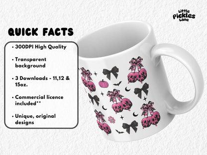 This spooky cute sublimation mug design features pink candy apples dripping with skull-shaped icing, topped with gothic bows and surrounded by pumpkins, bats, flowers, and dark Halloween accents. Sized for 11oz, 12oz, and 15oz mugs, this high-resolution PNG is perfect for sublimation crafting. A fun and trendy kawaii-goth design that blends spooky Halloween vibes with girly pink charm—ideal for coffee mugs, gifts, and seasonal drinkware.