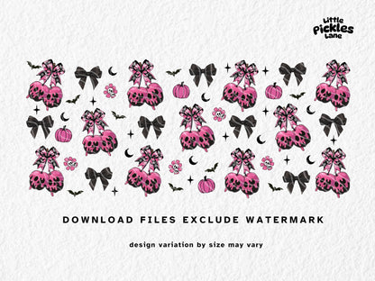 This spooky cute sublimation mug design features pink candy apples dripping with skull-shaped icing, topped with gothic bows and surrounded by pumpkins, bats, flowers, and dark Halloween accents. Sized for 11oz, 12oz, and 15oz mugs, this high-resolution PNG is perfect for sublimation crafting. A fun and trendy kawaii-goth design that blends spooky Halloween vibes with girly pink charm—ideal for coffee mugs, gifts, and seasonal drinkware.
