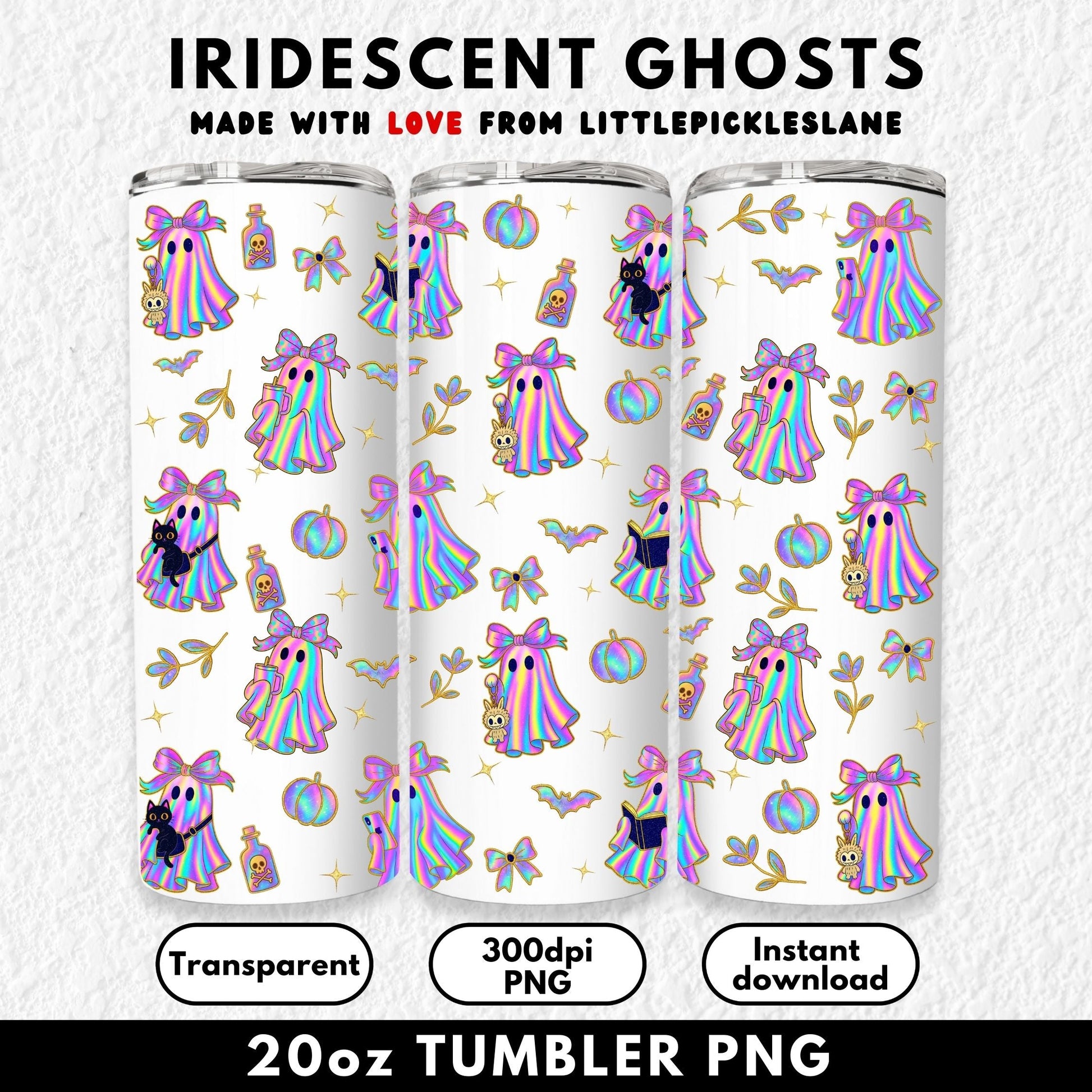 20oz holographic rainbow ghost sublimation tumbler wrap featuring kawaii pastel ghosts with pink bows holding cats, plush toys, coffee cups, and books. Surrounded by holographic pumpkins, bats, potion bottles, stars, and flowers, this seamless Halloween design is both spooky and cute. Perfect for sublimation on straight skinny tumblers, this high-resolution PNG is ideal for crafters, Halloween drinkware lovers, and DIY tumbler projects. Instant digital download for sublimation printing.