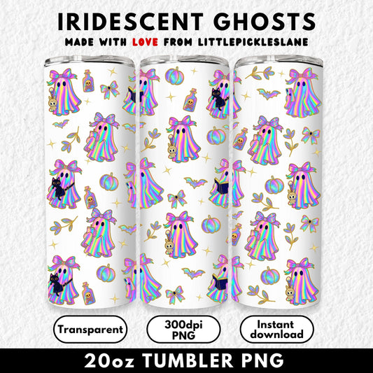 20oz holographic rainbow ghost sublimation tumbler wrap featuring kawaii pastel ghosts with pink bows holding cats, plush toys, coffee cups, and books. Surrounded by holographic pumpkins, bats, potion bottles, stars, and flowers, this seamless Halloween design is both spooky and cute. Perfect for sublimation on straight skinny tumblers, this high-resolution PNG is ideal for crafters, Halloween drinkware lovers, and DIY tumbler projects. Instant digital download for sublimation printing.