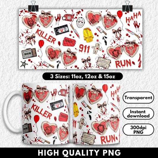 This horror movie-themed sublimation wrap features heart-shaped lockets with iconic slasher villains like Ghostface, Michael Myers, Pennywise, and Chucky. Surrounded by bloody weapons, creepy text like “KILLER” and “RUN,” red balloons, VHS tapes, voodoo dolls, and Ouija boards, this high-resolution PNG is perfect for spooky season mugs. Sized for 11oz, 12oz, and 15oz sublimation mugs. Ideal for horror fans and Halloween gifts.