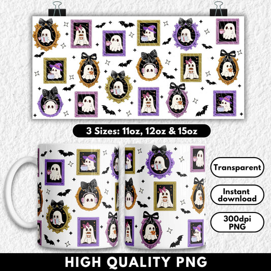 This Halloween sublimation mug wrap features adorable kawaii-style ghosts in ornate pastel and gold picture frames, accessorized with bows, headphones, coffee cups, books, and witch hats. Perfect for spooky season lovers who adore cute, girly Halloween designs. Sized for 11oz, 12oz, and 15oz sublimation mugs, this high-res PNG adds a whimsical, cozy Halloween vibe to any craft project or gift.