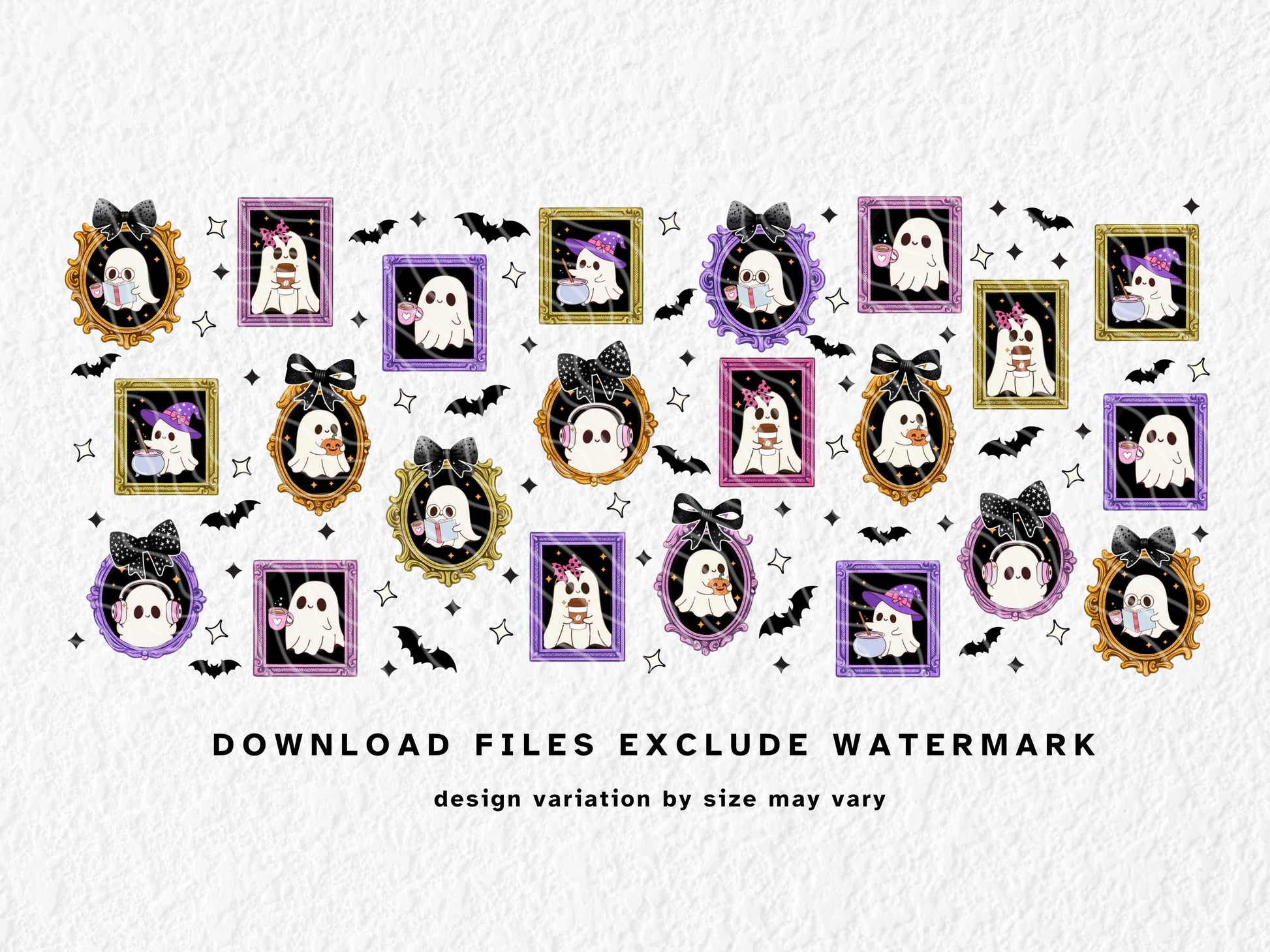 This Halloween sublimation mug wrap features adorable kawaii-style ghosts in ornate pastel and gold picture frames, accessorized with bows, headphones, coffee cups, books, and witch hats. Perfect for spooky season lovers who adore cute, girly Halloween designs. Sized for 11oz, 12oz, and 15oz sublimation mugs, this high-res PNG adds a whimsical, cozy Halloween vibe to any craft project or gift.