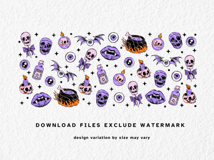 This spooky and bold Halloween sublimation mug wrap features hand-drawn skulls, vampire lips, cauldrons, poison bottles, and eerie eyeballs in vibrant purple, pink, and orange hues. Designed for 11oz, 12oz, and 15oz sublimation mugs, it’s perfect for gothic Halloween gifts or witchy drinkware. High-resolution PNG for crafters looking to add a creepy cute touch to their Halloween creations.