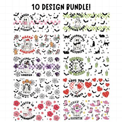 Collection of Halloween-themed design bundles with various graphics and text on a white background.