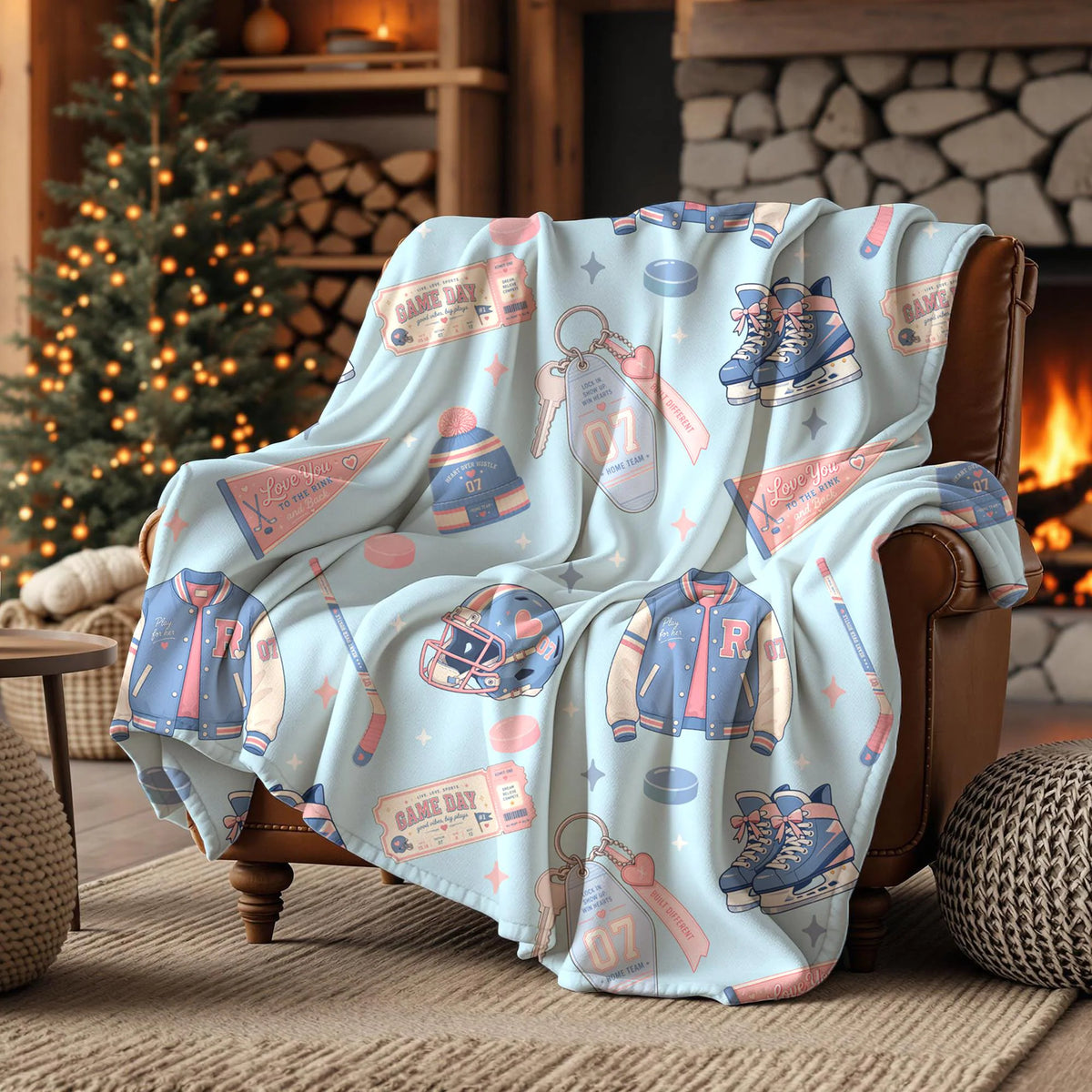 Pastel pink and blue hockey romance seamless pattern printed on a cosy blanket featuring ice skates, hockey sticks, game tickets and varsity jackets.