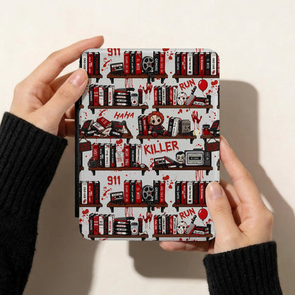 Horror bookshelf seamless pattern displayed on a Kindle cover featuring slasher movie inspired books, creepy dolls, bloody handprints and VHS tapes.