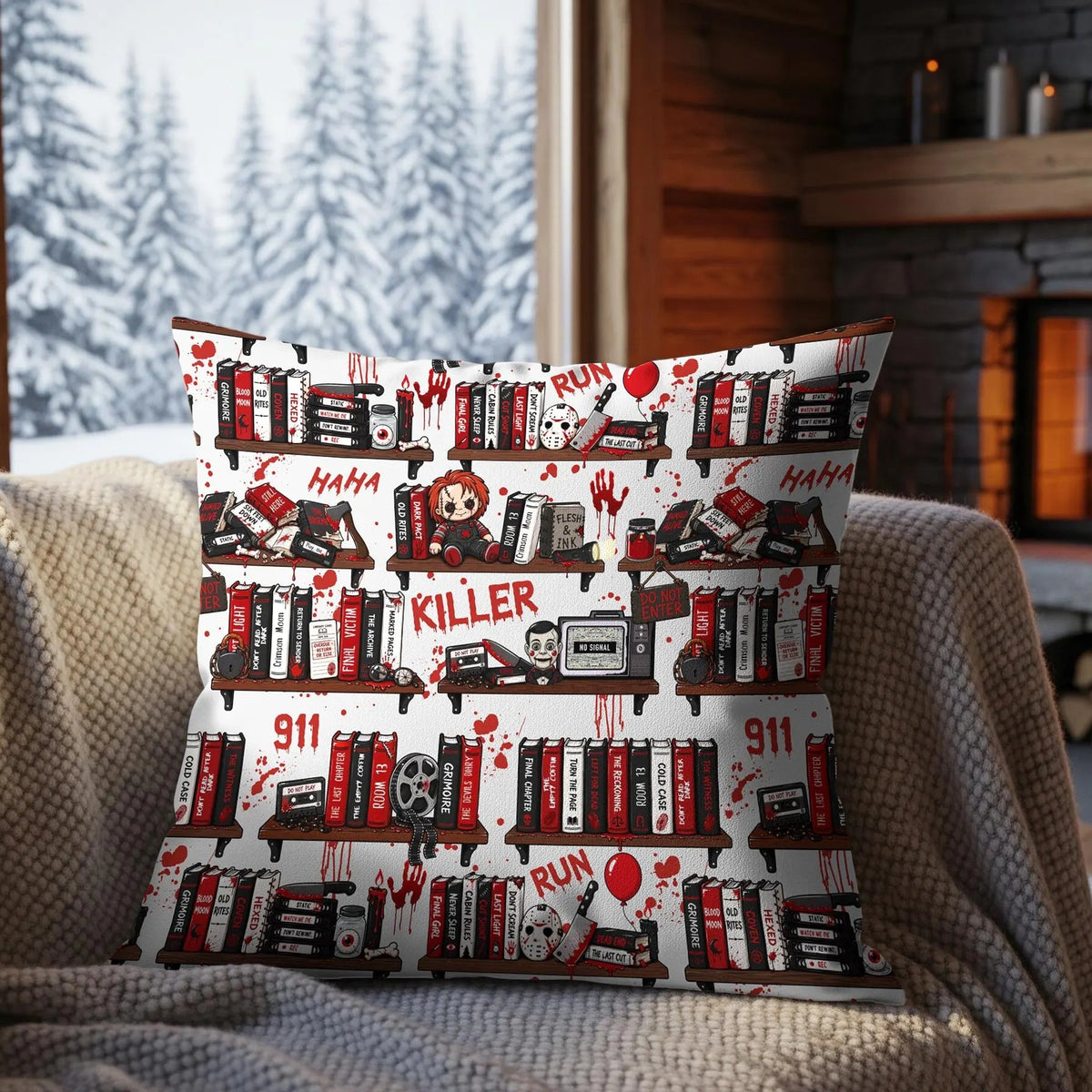 Slasher horror bookshelf seamless pattern displayed on a decorative cushion featuring creepy dolls, red and black books, VHS tapes and blood splatters.