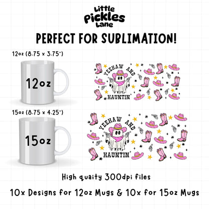 Two white mugs with cowboy graphics and text, labeled for sublimation.