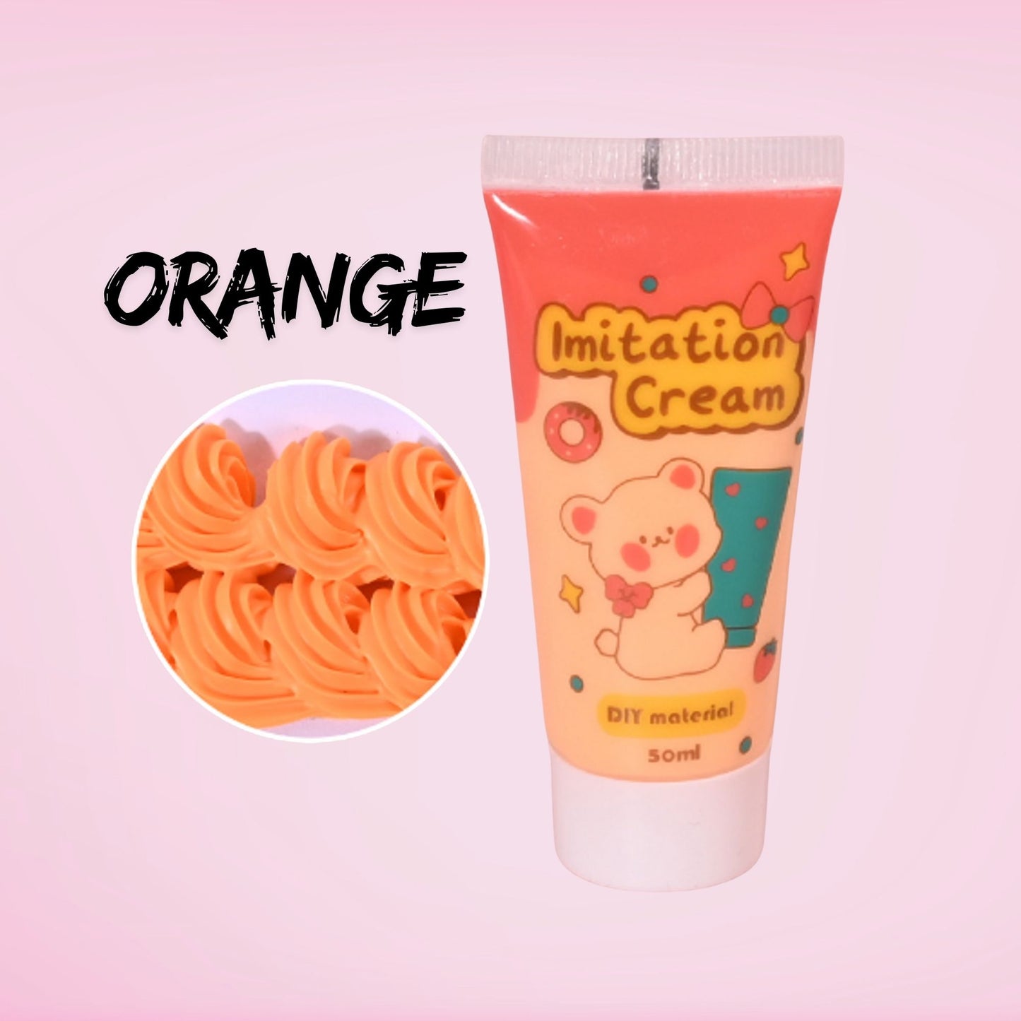 50ml orange decoden imitation cream for DIY crafts. Whipped cream effect adhesive for phone cases, tumblers, resin art, and kawaii decoden projects. Bold orange cream adds vibrant detail to craft designs while working as strong glue.
