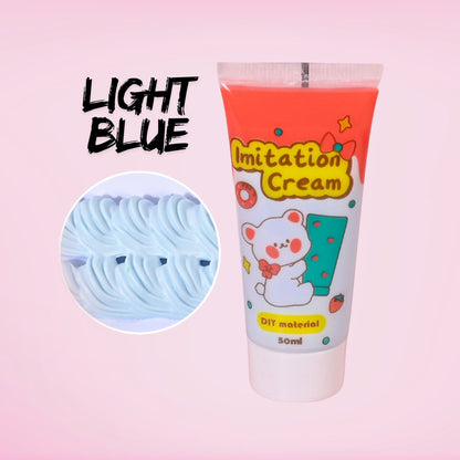 50ml light blue decoden imitation cream tube. Pastel whipped cream effect glue for tumblers, resin crafts, phone cases, and kawaii DIY projects. Adds soft sky-tone frosting style to handmade designs.
