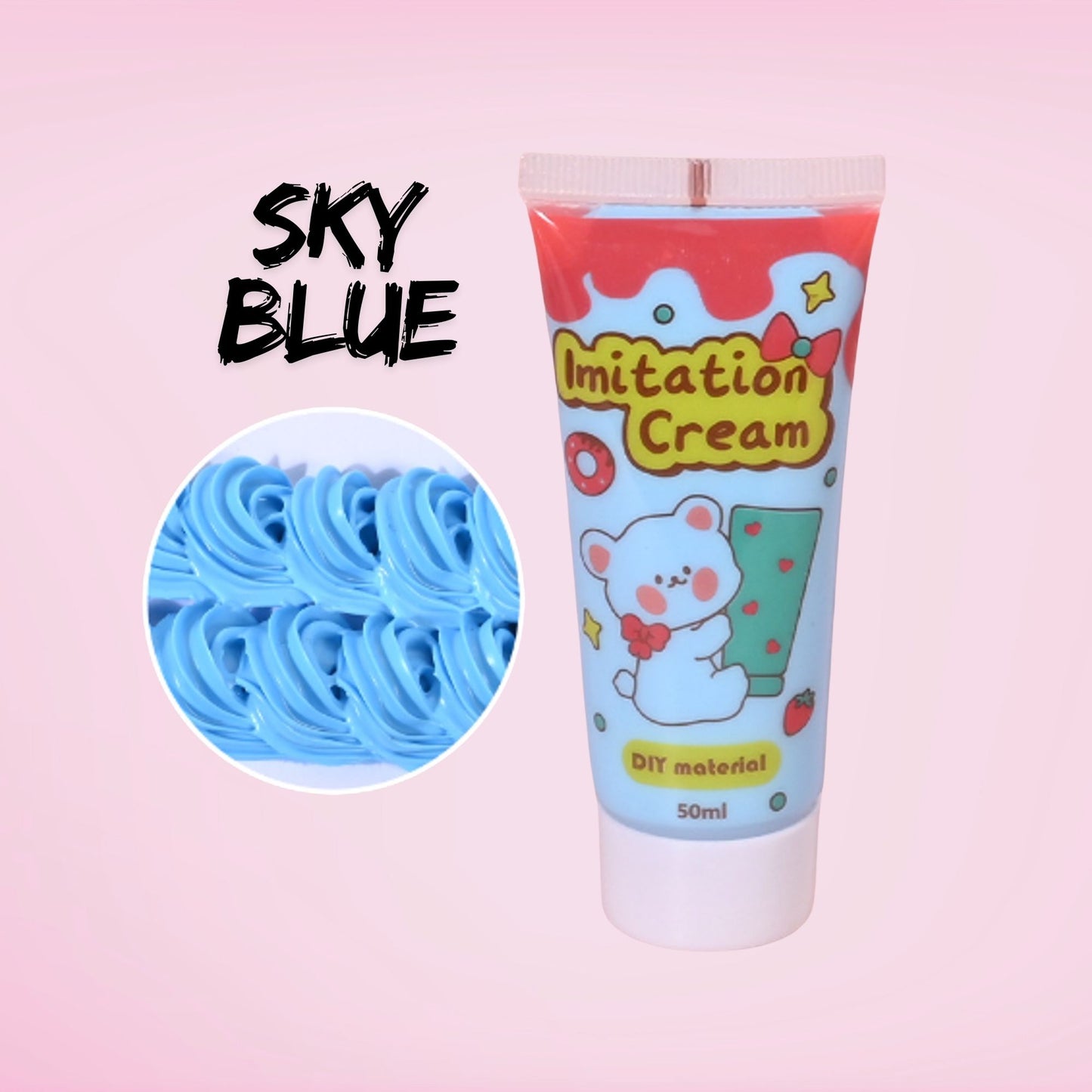 50ml sky blue decoden imitation cream. Whipped cream adhesive for tumblers, resin art, phone case decorating, and kawaii craft projects. Bright sky blue frosting effect for cute creative crafts.