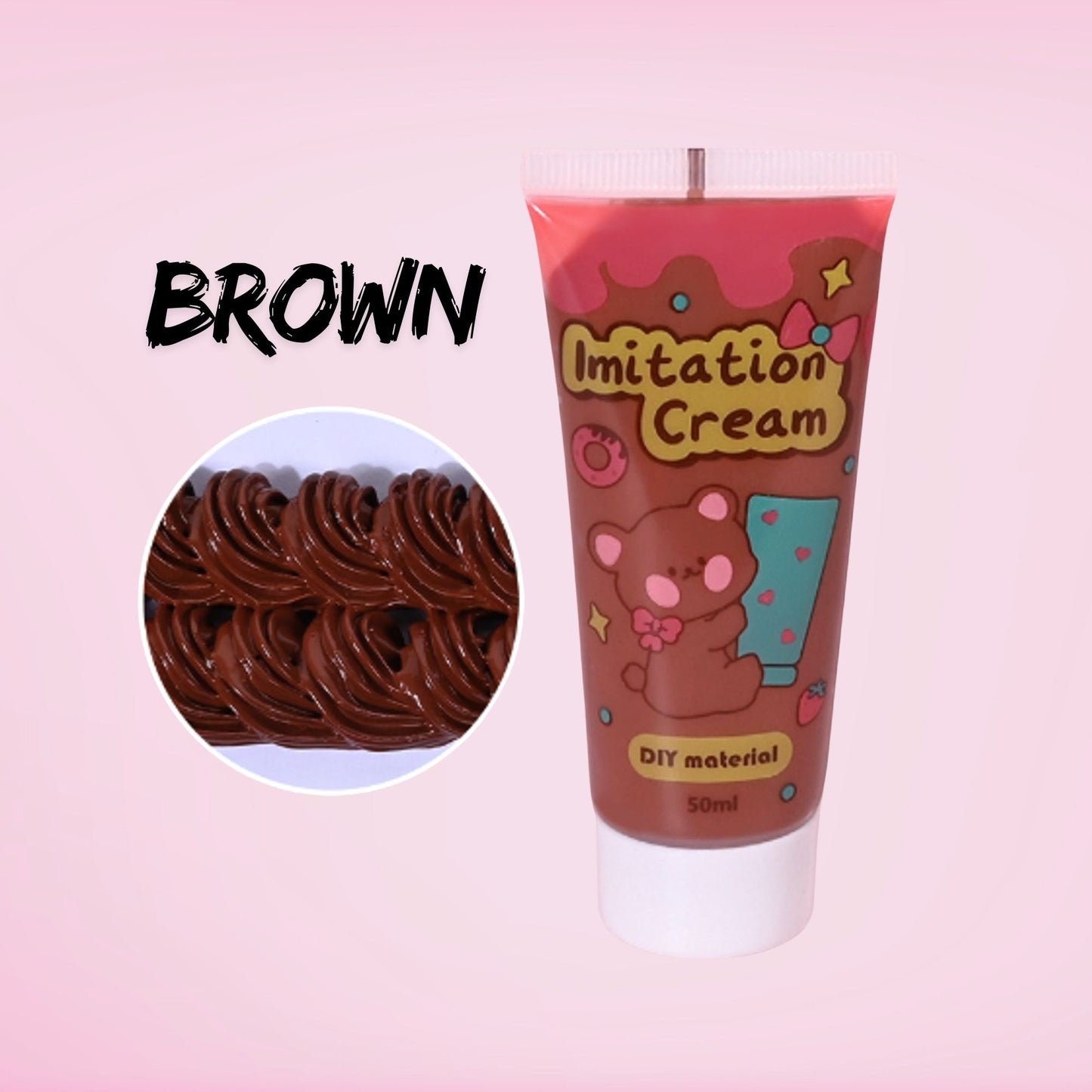 50ml brown decoden imitation cream tube. Whipped cream adhesive for crafts, tumblers, resin projects, and phone case decorating. Perfect for chocolate frosting effect in decoden DIY.
