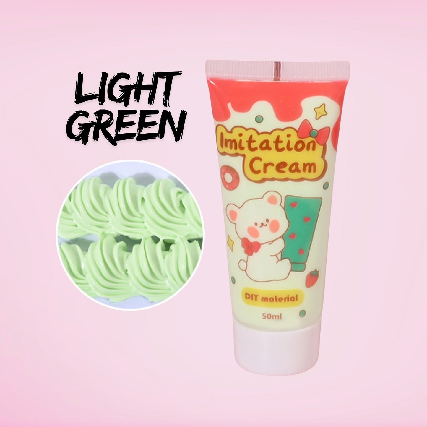 50ml light green decoden imitation cream. Pastel whipped cream adhesive for tumblers, phone cases, resin art, and kawaii craft projects. Adds soft minty detail to handmade DIY designs.