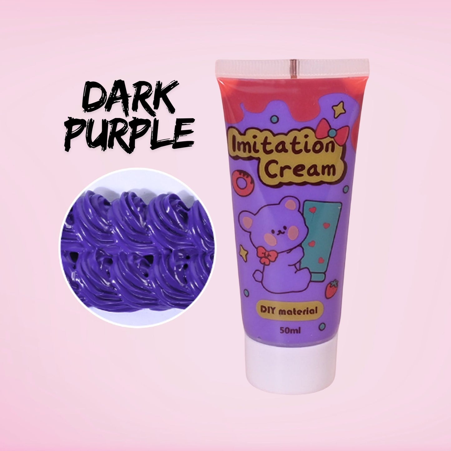 50ml dark purple decoden imitation cream tube. Whipped cream style glue for tumblers, resin projects, phone cases, and kawaii crafts. Deep purple shade adds bold, gothic or elegant detail to DIY.