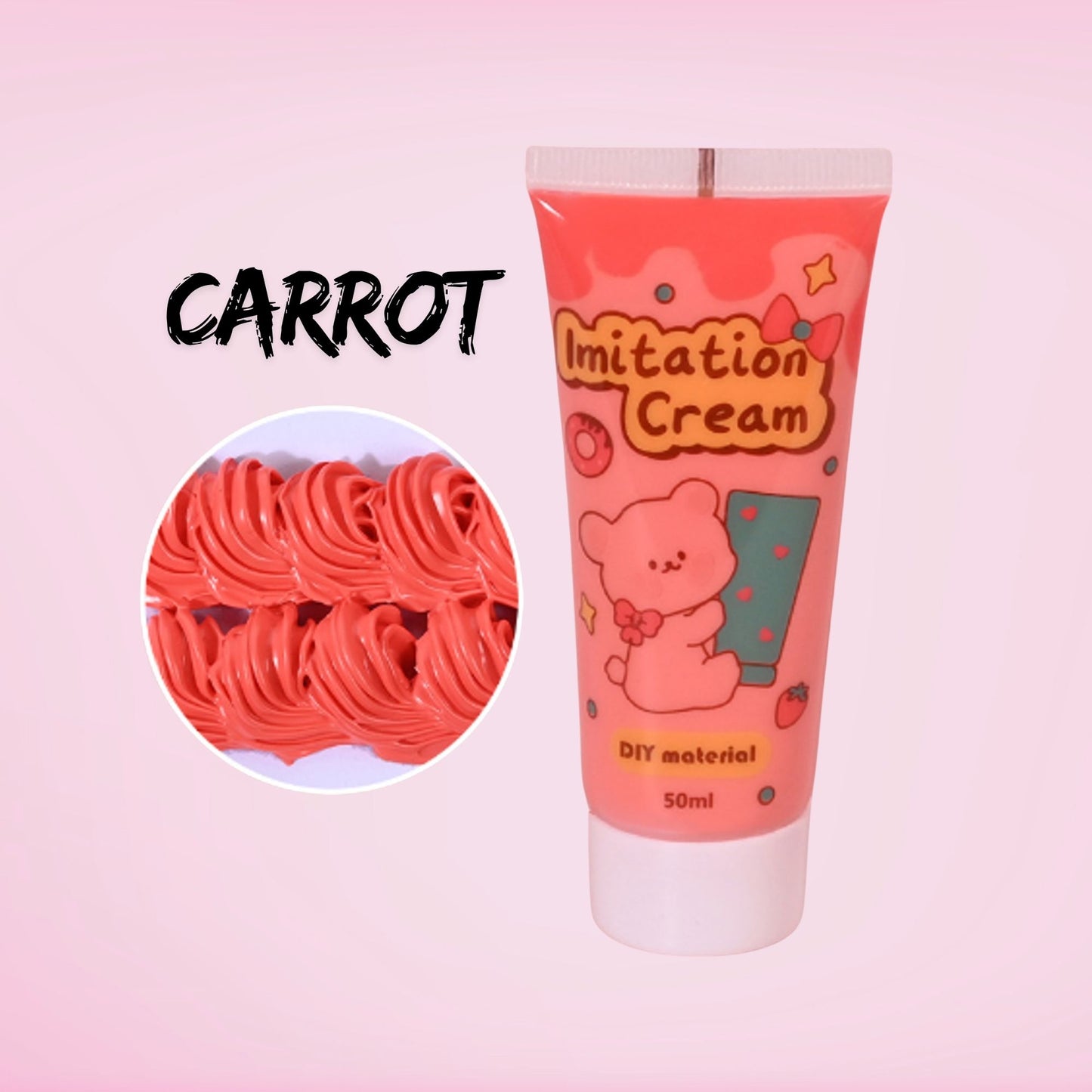 50ml carrot orange decoden imitation cream. Bold whipped cream adhesive for tumblers, resin art, phone cases, and kawaii decoden crafts. Perfect for bright, fun DIY frosting designs.