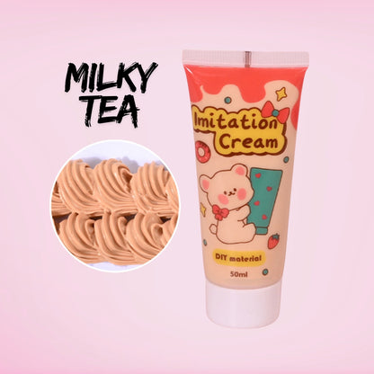 50ml milk tea brown decoden imitation cream tube. Whipped cream effect adhesive for tumblers, resin crafts, phone cases, and kawaii DIY projects. Perfect tea-toned cream for realistic dessert-style decorations.