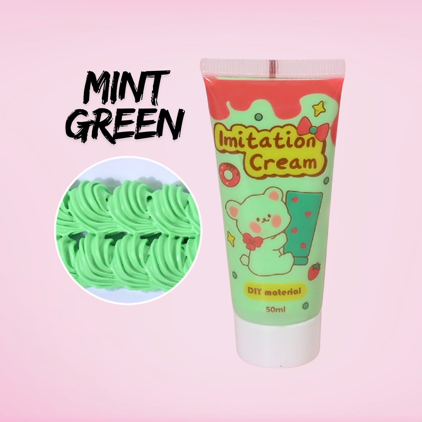 50ml mint green decoden imitation cream tube. Fake whipped cream frosting glue for tumblers, resin crafts, phone cases, and scrapbooking. Fresh mint colour ideal for pastel and kawaii decoden crafts