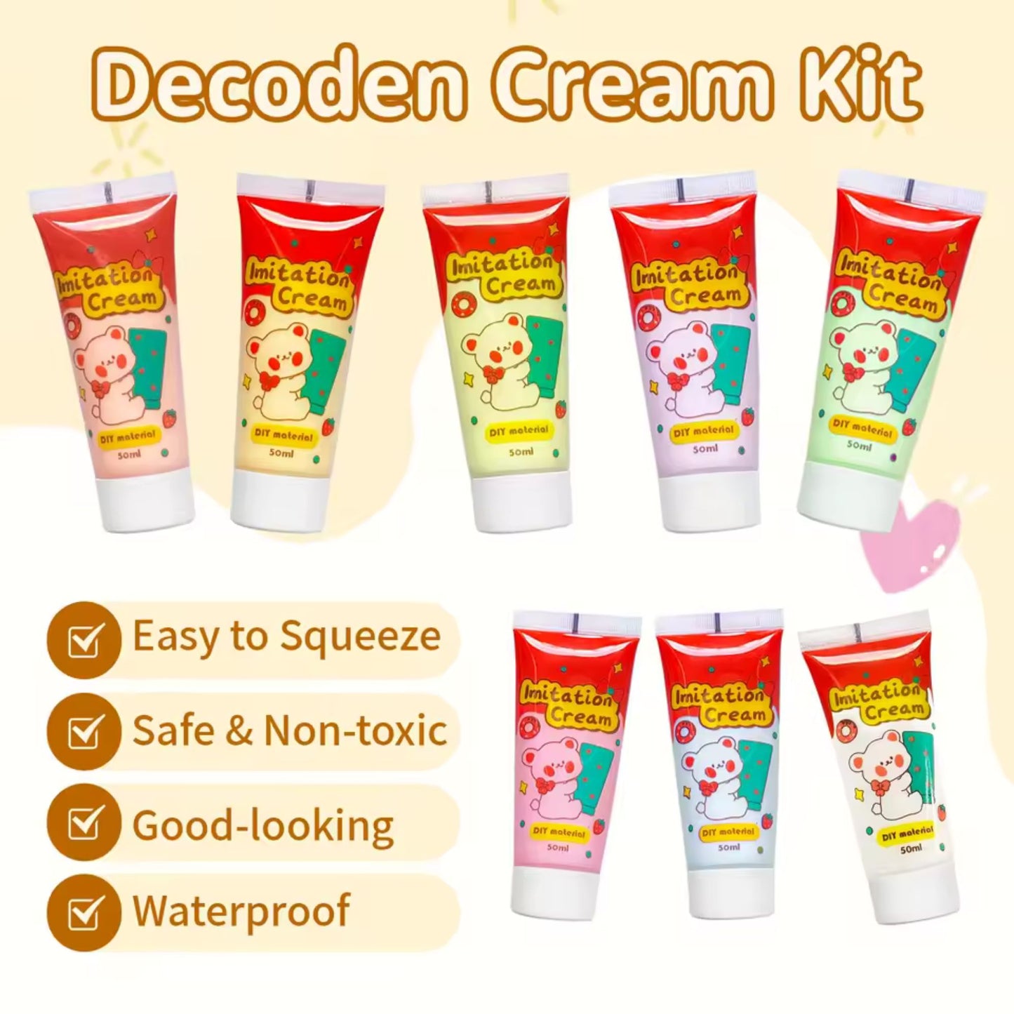 DIY imitation cream 50ml tube for crafting. Realistic whipped cream effect doubles as glue for phone cases, tumblers, resin art, scrapbooking, and decoden projects. Essential wholesale supply for crafters and small businesses.