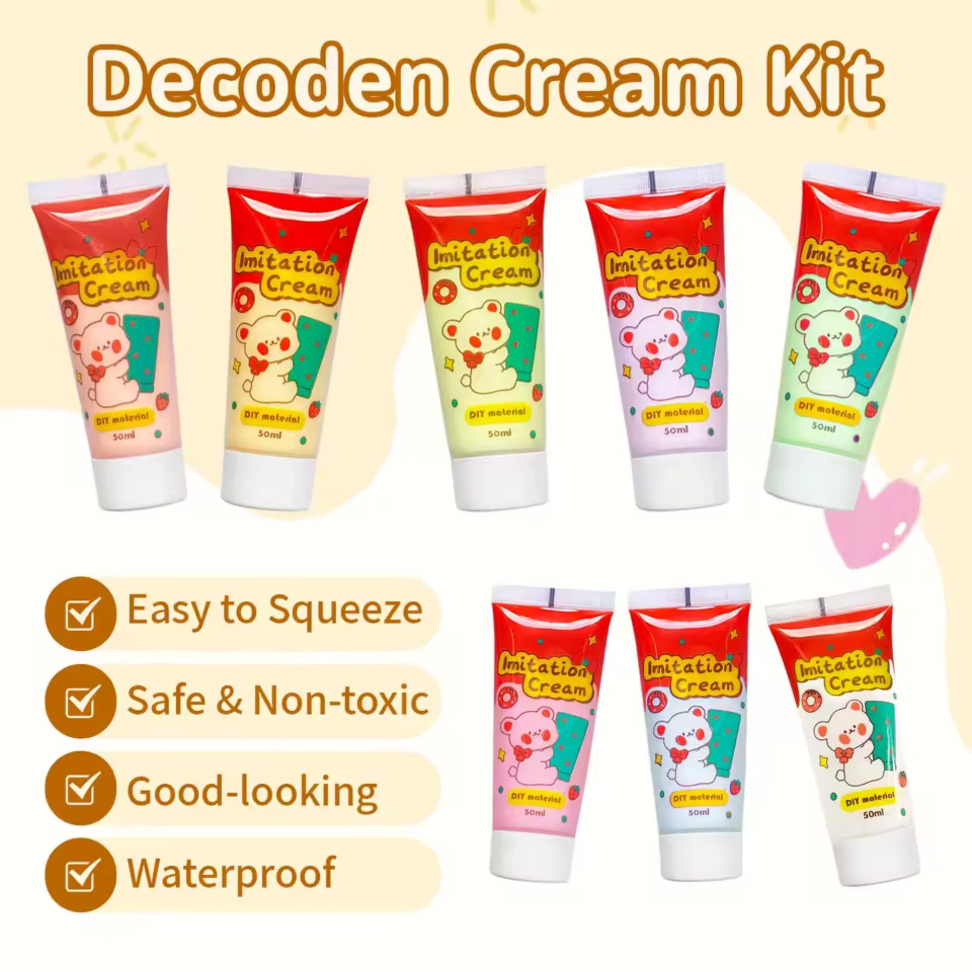 DIY imitation cream 50ml tube for crafting. Realistic whipped cream effect doubles as glue for phone cases, tumblers, resin art, scrapbooking, and decoden projects. Essential wholesale supply for crafters and small businesses.