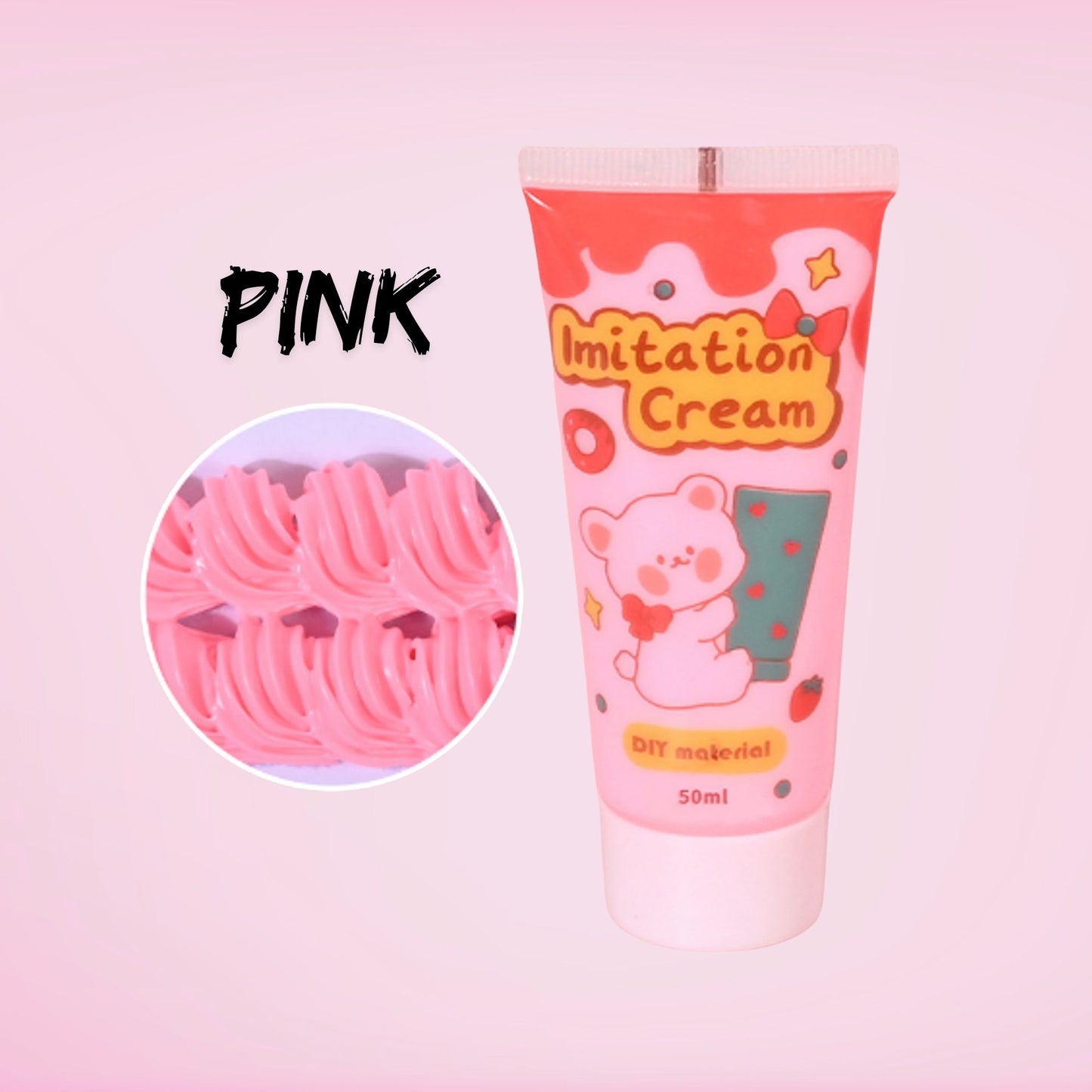 50ml pink decoden imitation cream tube. Vibrant whipped cream texture doubles as glue for decorating tumblers, resin crafts, phone cases, and kawaii DIY projects. Perfect for crafters adding bold pink frosting effects.