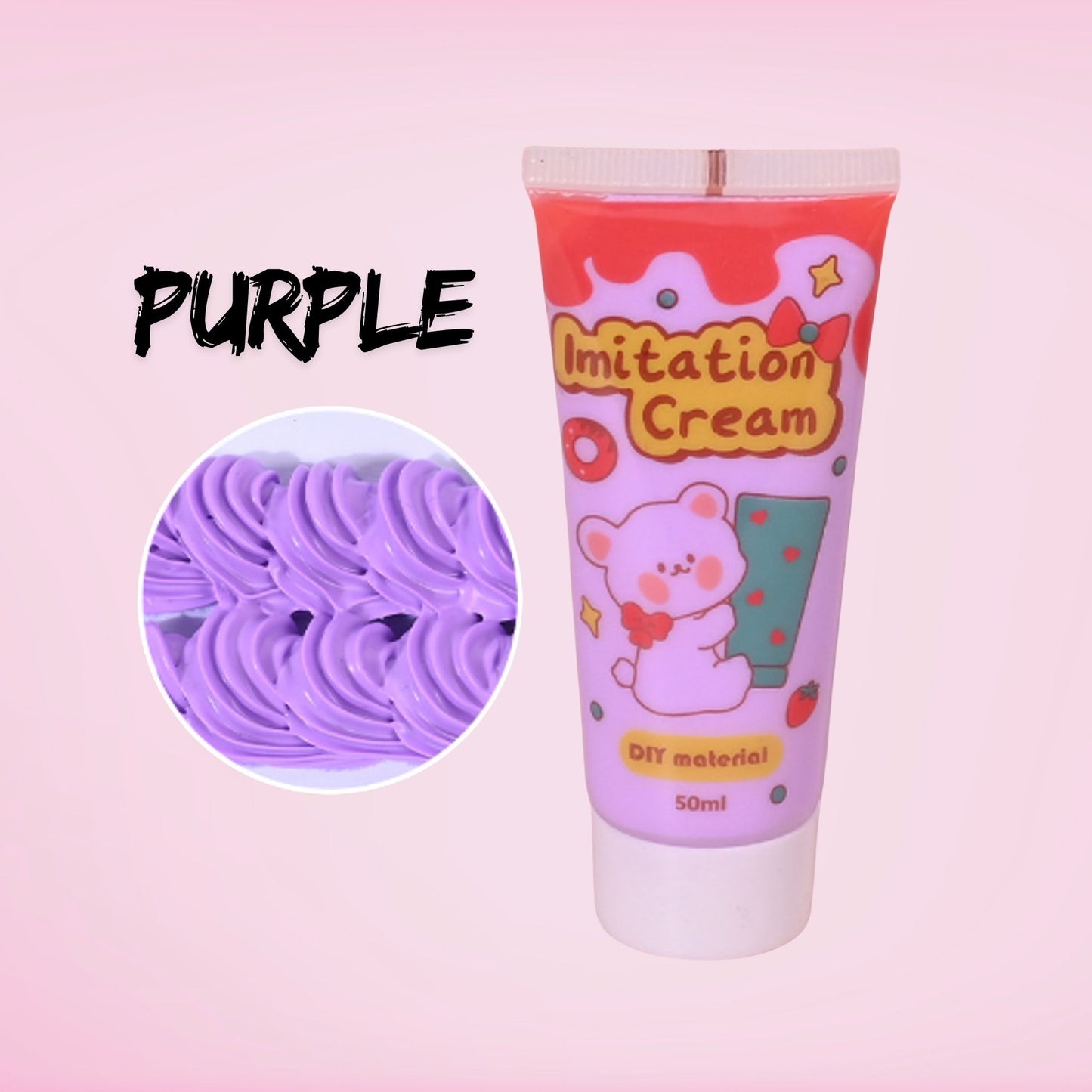 50ml purple decoden imitation cream for crafters. Whipped cream texture adhesive works as fake frosting for tumblers, phone cases, resin art, and kawaii decorations. Rich purple colour adds bold detail.