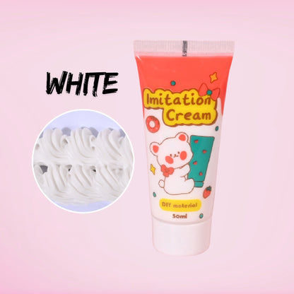 50ml white decoden imitation cream for crafts. Realistic whipped cream texture acts as strong glue for decorating tumblers, phone cases, resin art, scrapbooking, and kawaii decoden projects. Wholesale white cream perfect for DIY frosting effects and neutral craft designs.