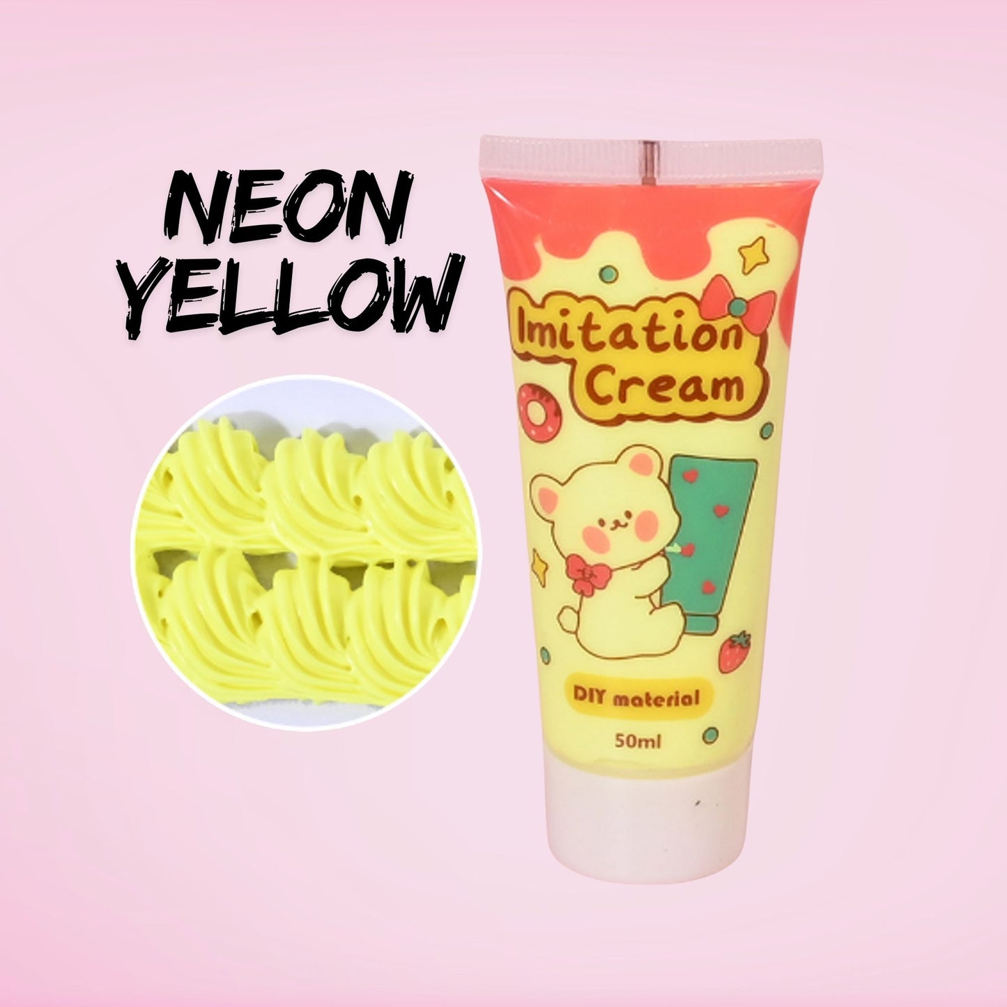50ml neon yellow decoden imitation cream. Bright whipped cream style glue for tumblers, resin crafts, phone case decorating, and kawaii projects. Eye-catching neon yellow cream gives bold colour pop to DIY designs, perfect for unique creative craft supplies.