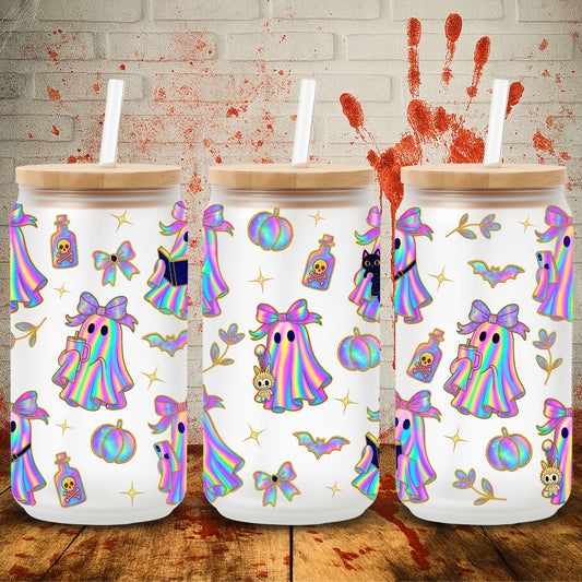 Whimsical iridescent pastel rainbow ghost tumbler wrap for 16oz Libbey glass cans, featuring cute ghosts with big glitter bows, holding coffee cups, books, phones, black cats, and plush keychains. Surrounded by pumpkins, bats, poison bottles, sparkles, and florals, all outlined in gold glitter. Perfect for Halloween drinkware, spooky season decor, and kawaii pastel gothic gifts. High-resolution PNG for sublimation or UV DTF printing.