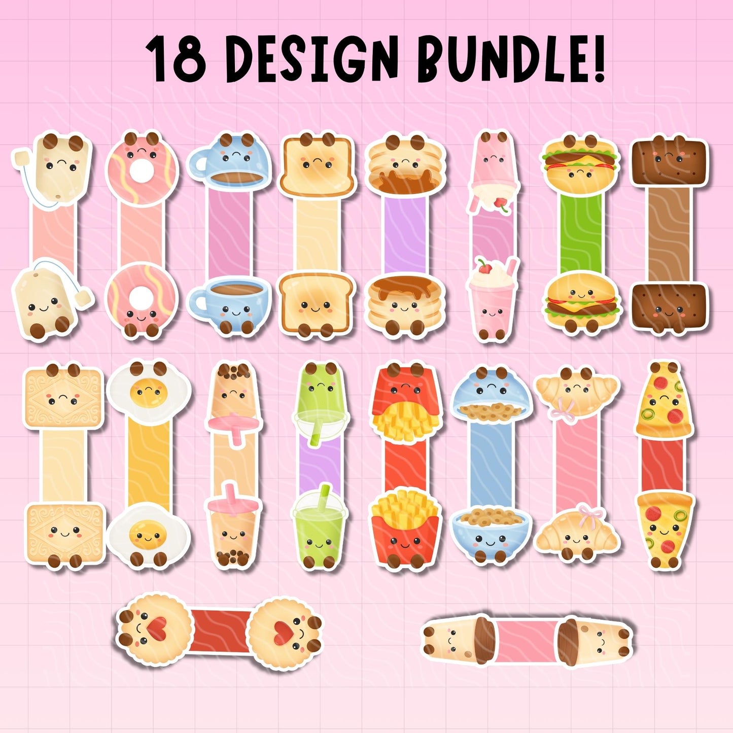 Set of cute food-themed bookmarks on a pink background with '18 Design Bundle!' text.