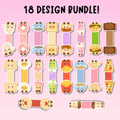Set of cute food-themed bookmarks on a pink background with '18 Design Bundle!' text.