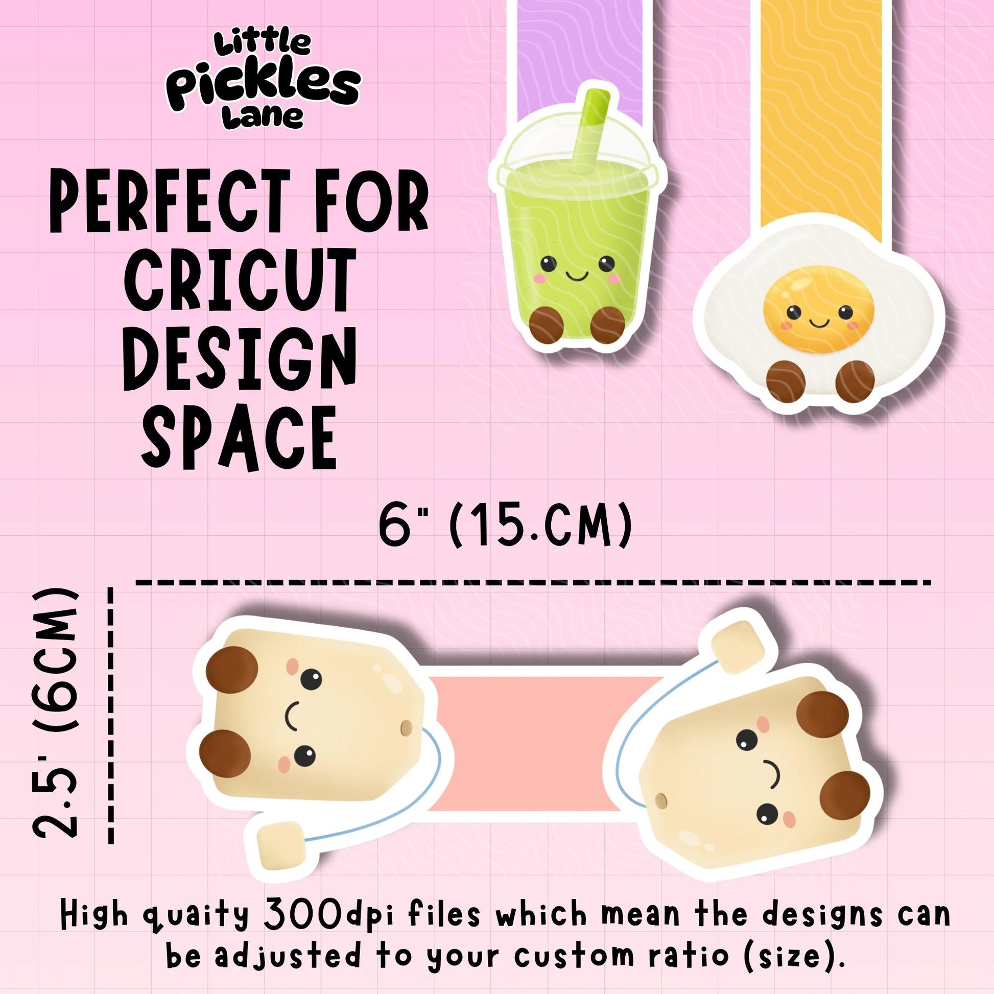 Cartoon illustrations of a drink, egg, and baby on a pink background with text about Cricut Design Space.