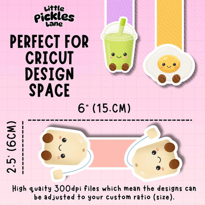 Cartoon illustrations of a drink, egg, and baby on a pink background with text about Cricut Design Space.