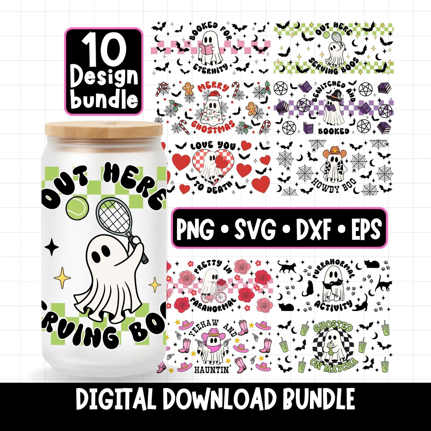 Digital design bundle with ghost illustrations and text on a jar and paper background.
