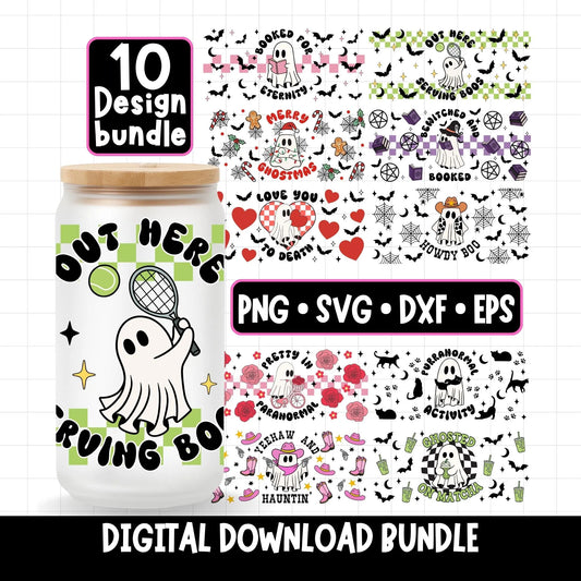 Digital design bundle with ghost illustrations and text on a jar and paper background.