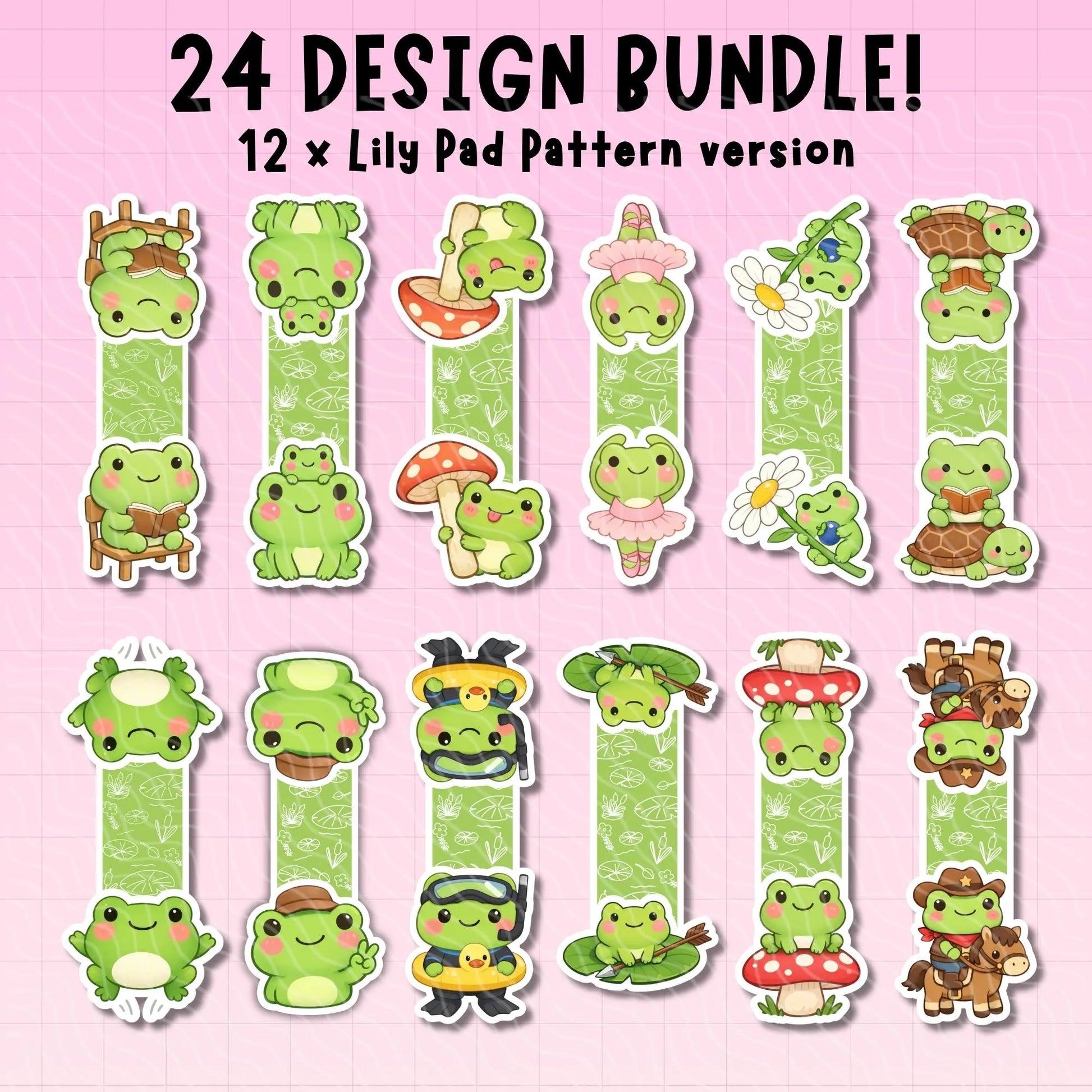 Set of green frog stickers with various designs on a pink background, labeled as a 24 design bundle.