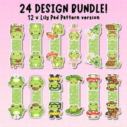 Set of green frog stickers with various designs on a pink background, labeled as a 24 design bundle.