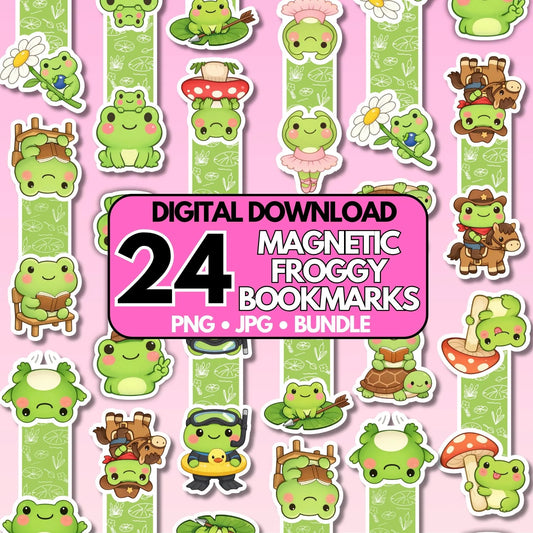 Digital download of 24 magnetic froggy bookmarks on a pink background